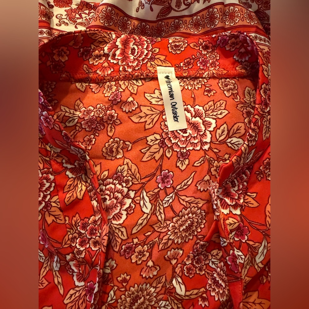 Bohemian Outsider Coral Red Floral Border Print Blouse - Picture 7 of 10